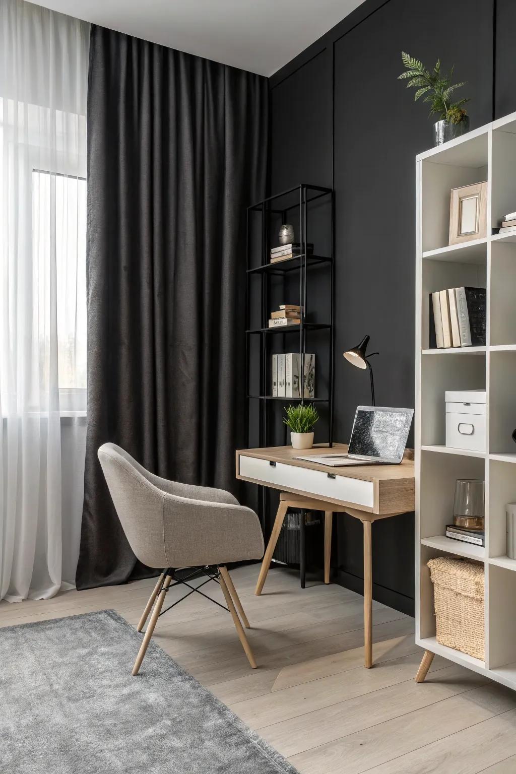 Simple furnishings enhance the smooth feel of a dark-themed office.