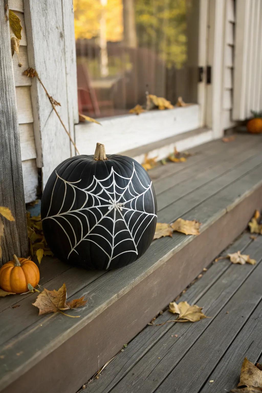 An ebony gourd showcasing an eerie arachnid silk design, ideal for greeting visitors.