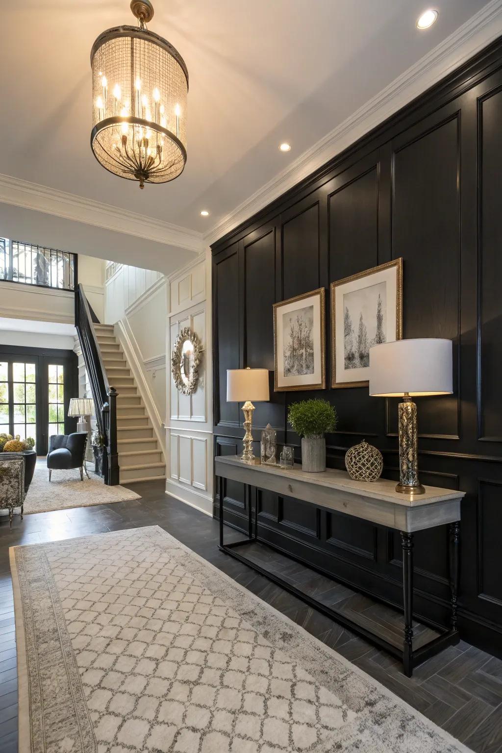 A bold entryway featuring dark-toned wood panels.