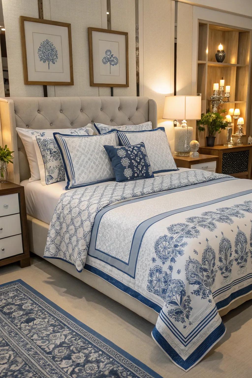 A mix of patterns in blue and white bedding creates a welcoming and cozy bed.
