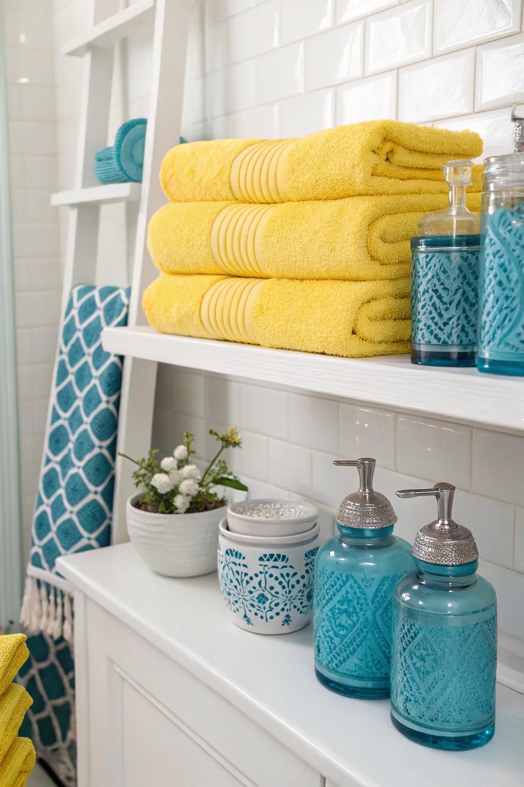 Sunflower towels and cornflower accents add a lively touch to a neutral bathroom.