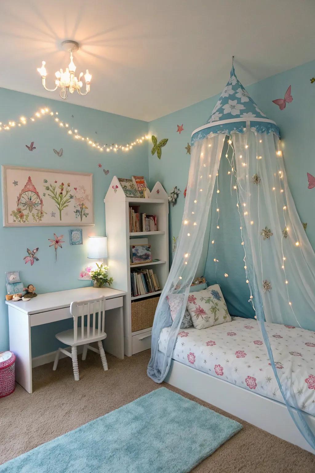 Enchanting themes bring a magical essence to a blue bedroom.