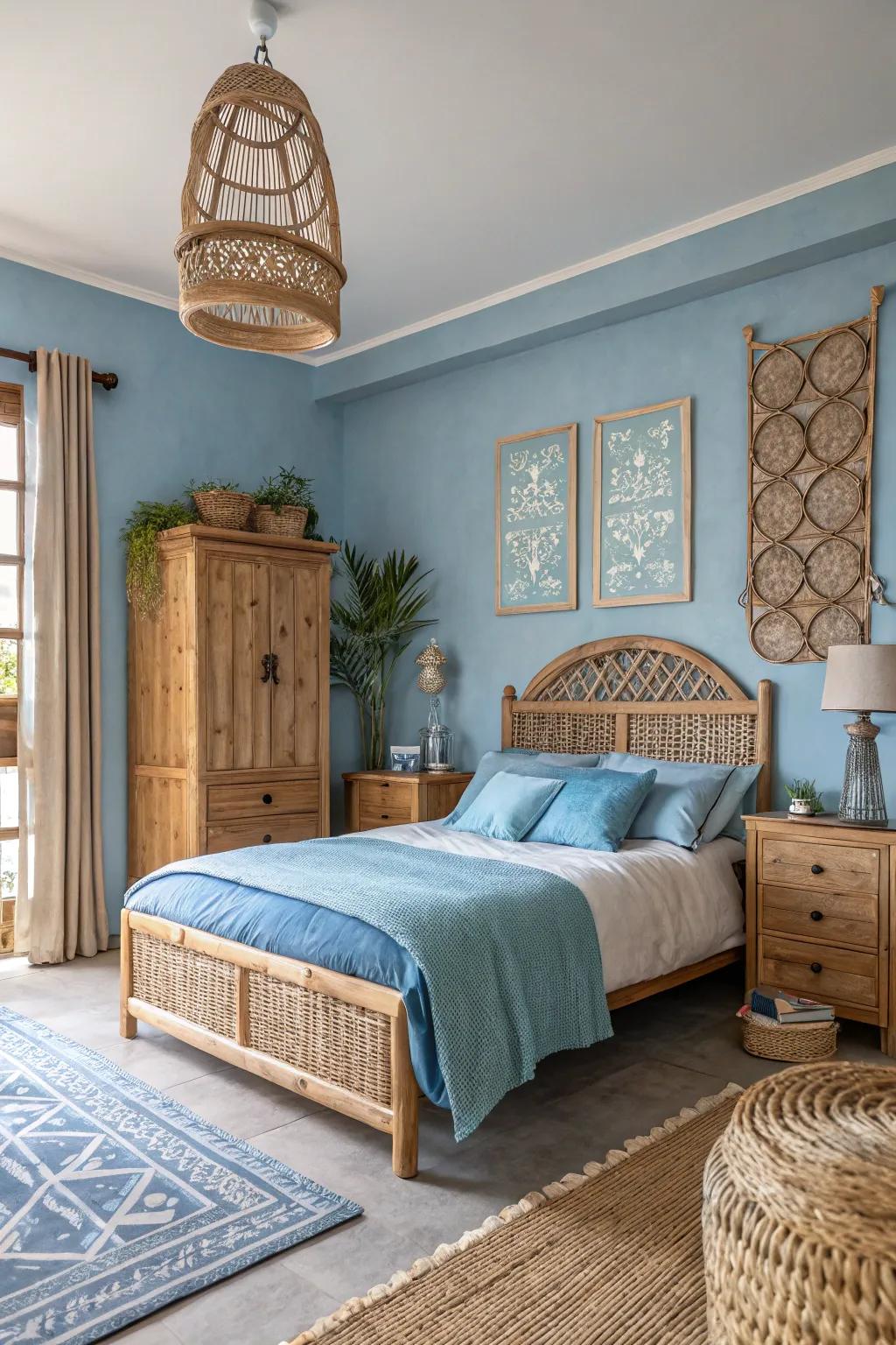 Rustic elements integrate seamlessly with blue hues.