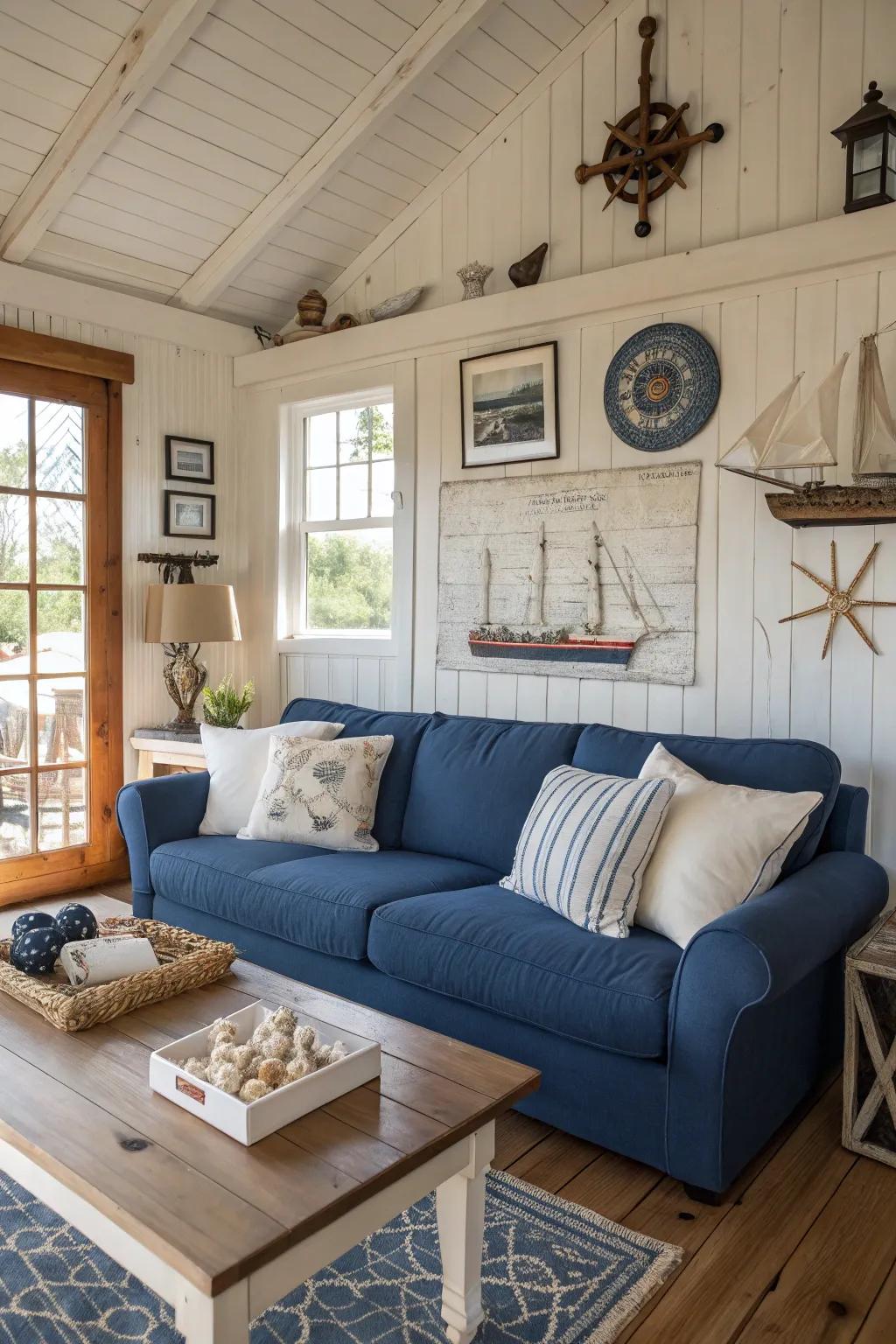 Design a beach-inspired living area with a cerulean settee and coastal decor.