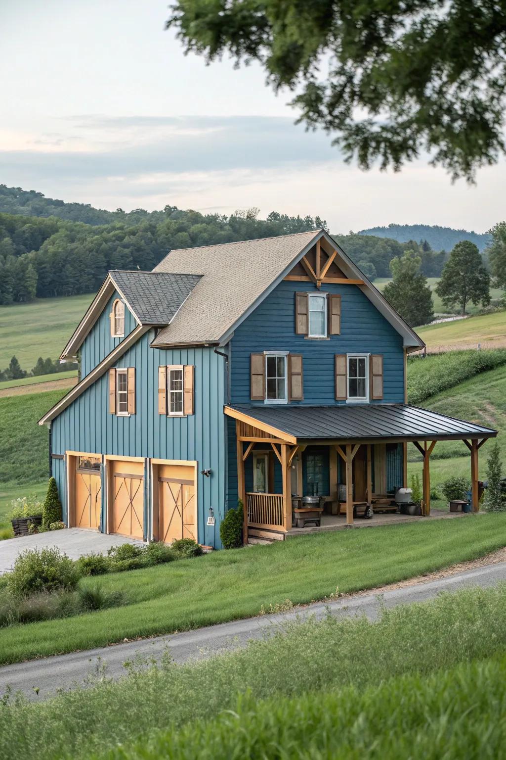 Unprocessed wood features add warmth to blue frontages.