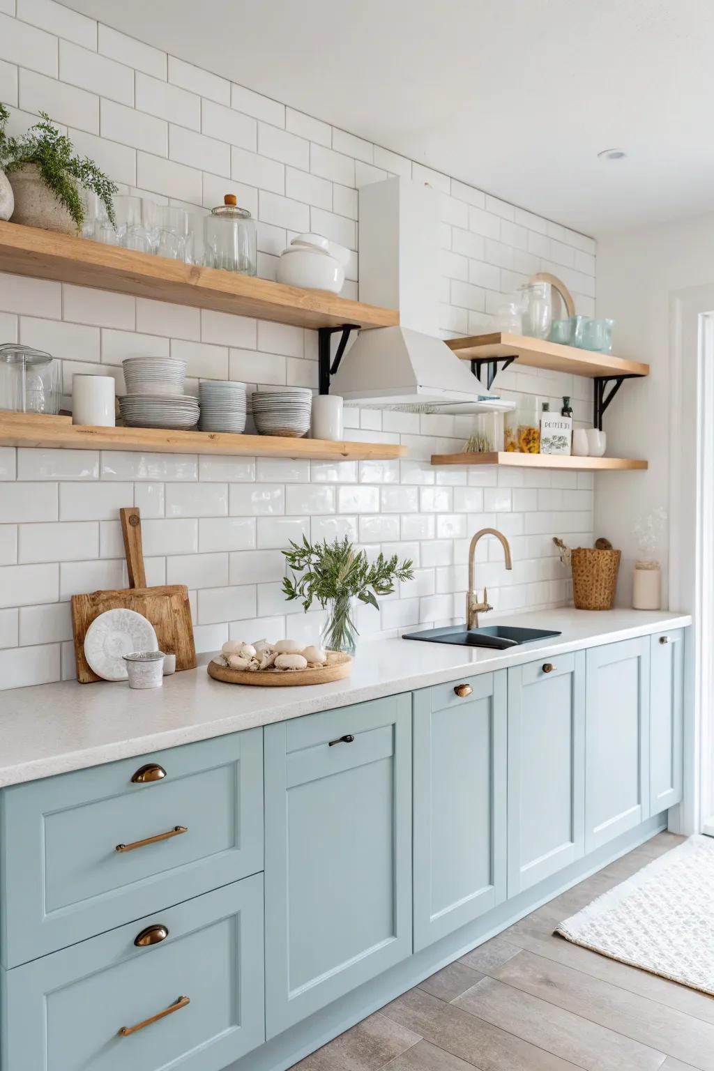 Pastel azure cabinets offer a gentle and dreamy aesthetic that's both soothing and stylish.