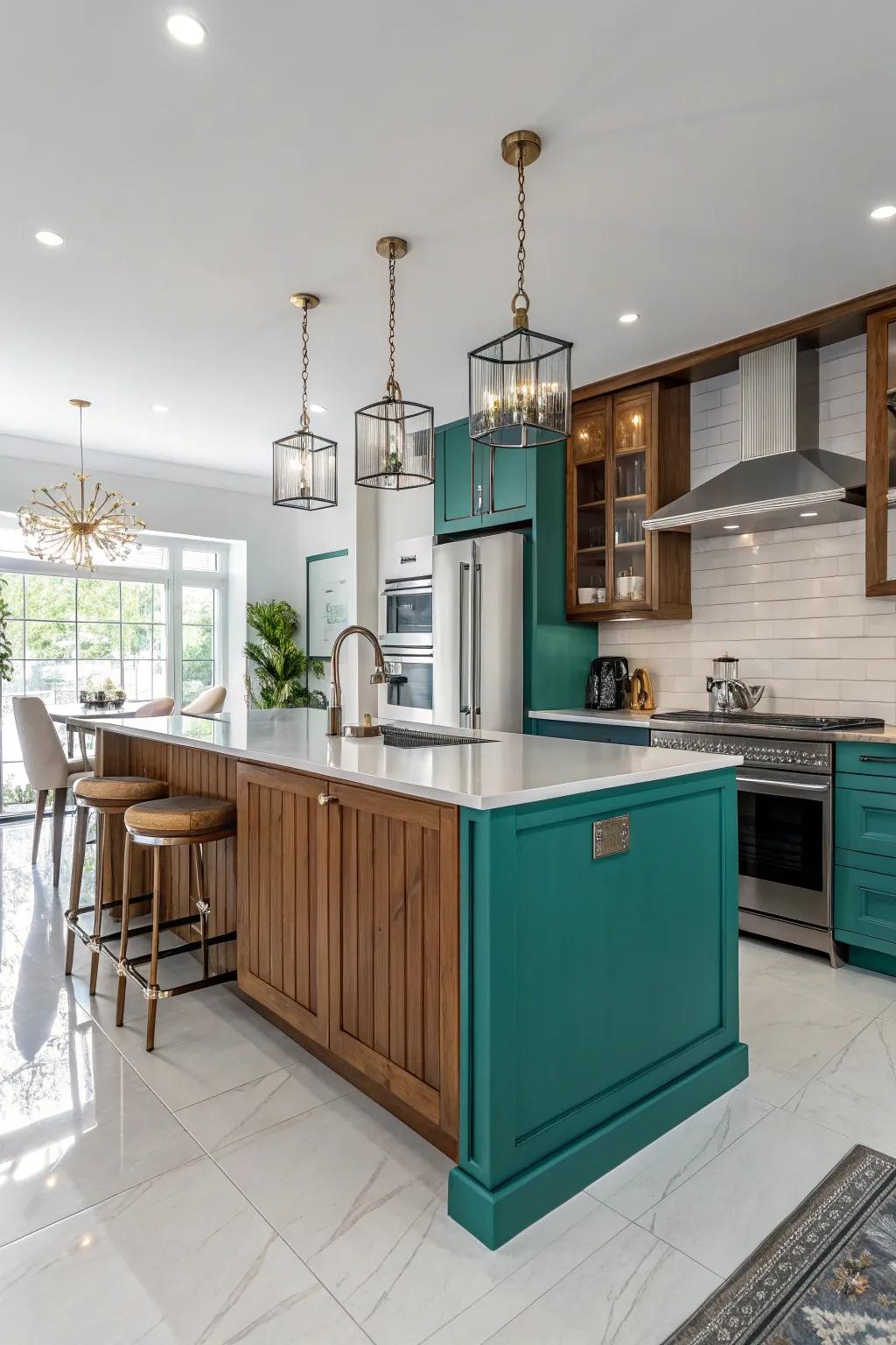 A peacock cooking hub brings a modern twist to this chic kitchen.