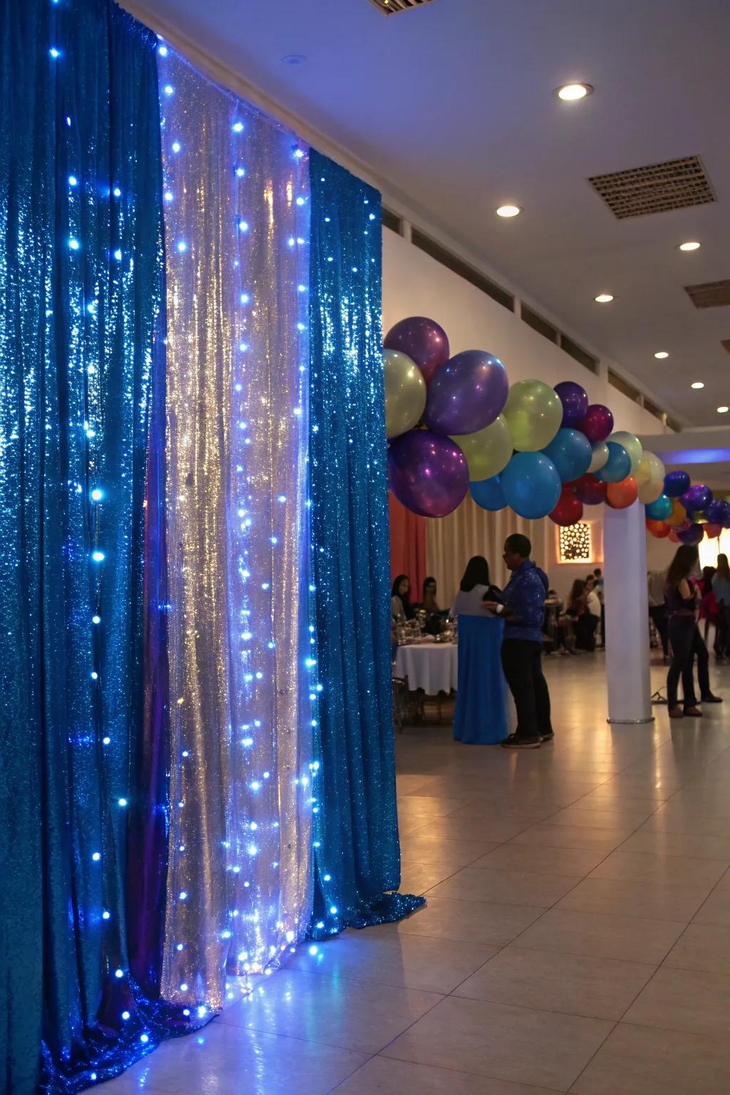 Radiant blue drapes lend a touch of glamour to the party environment.