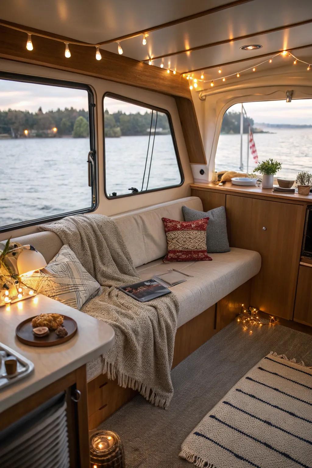 Adaptable sleeper sofa in a inviting boat lounge area.