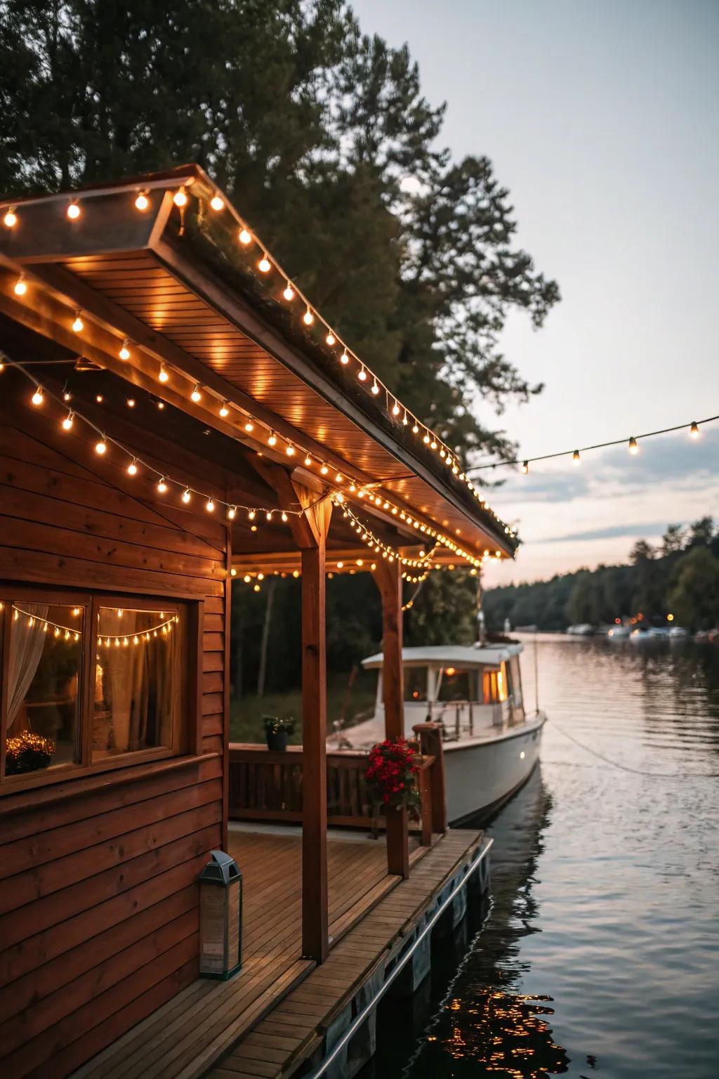 Overhead garland lamps weave a festive and snug allure around the boat house.