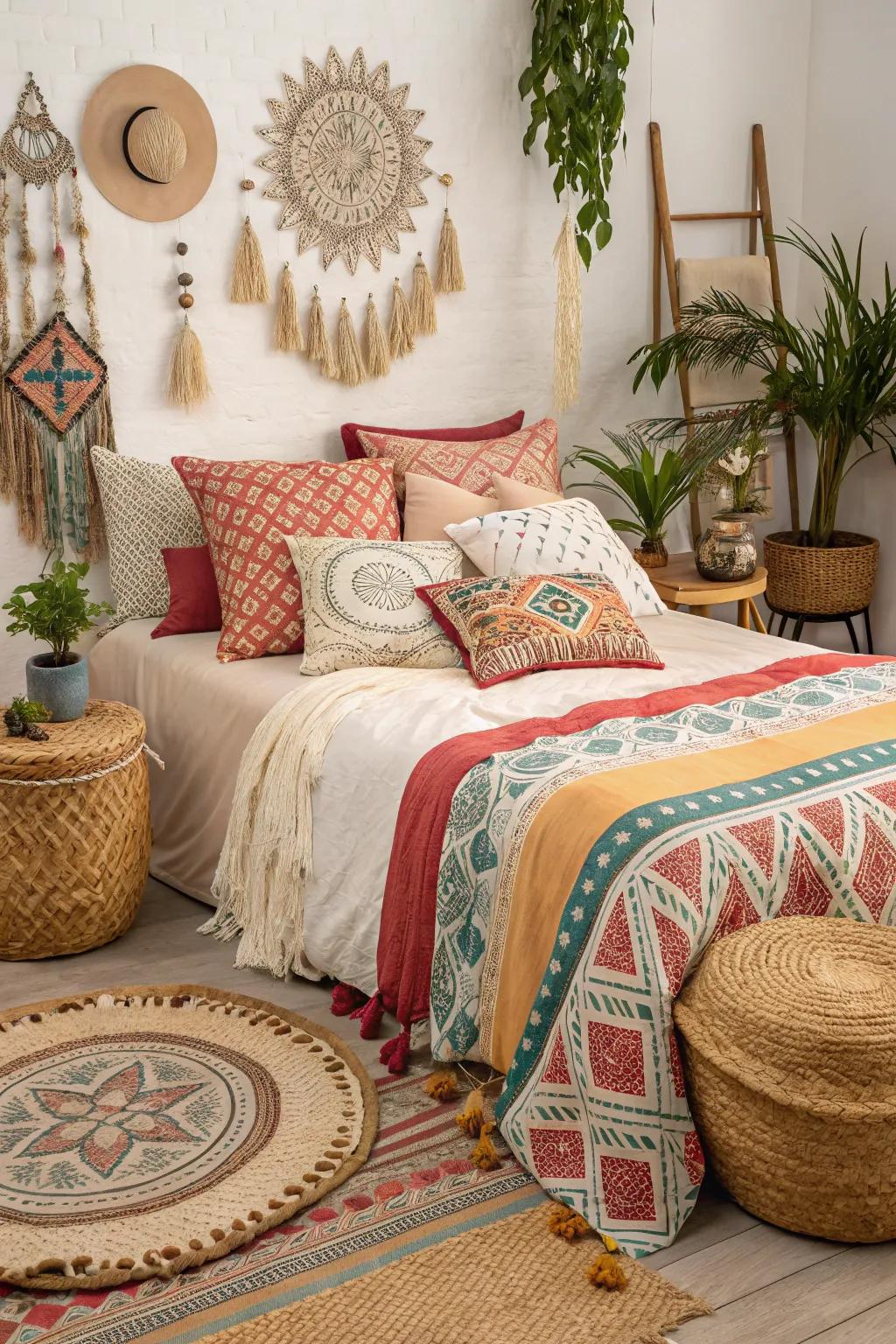 Designs contribute a playful charm to boho bedding.