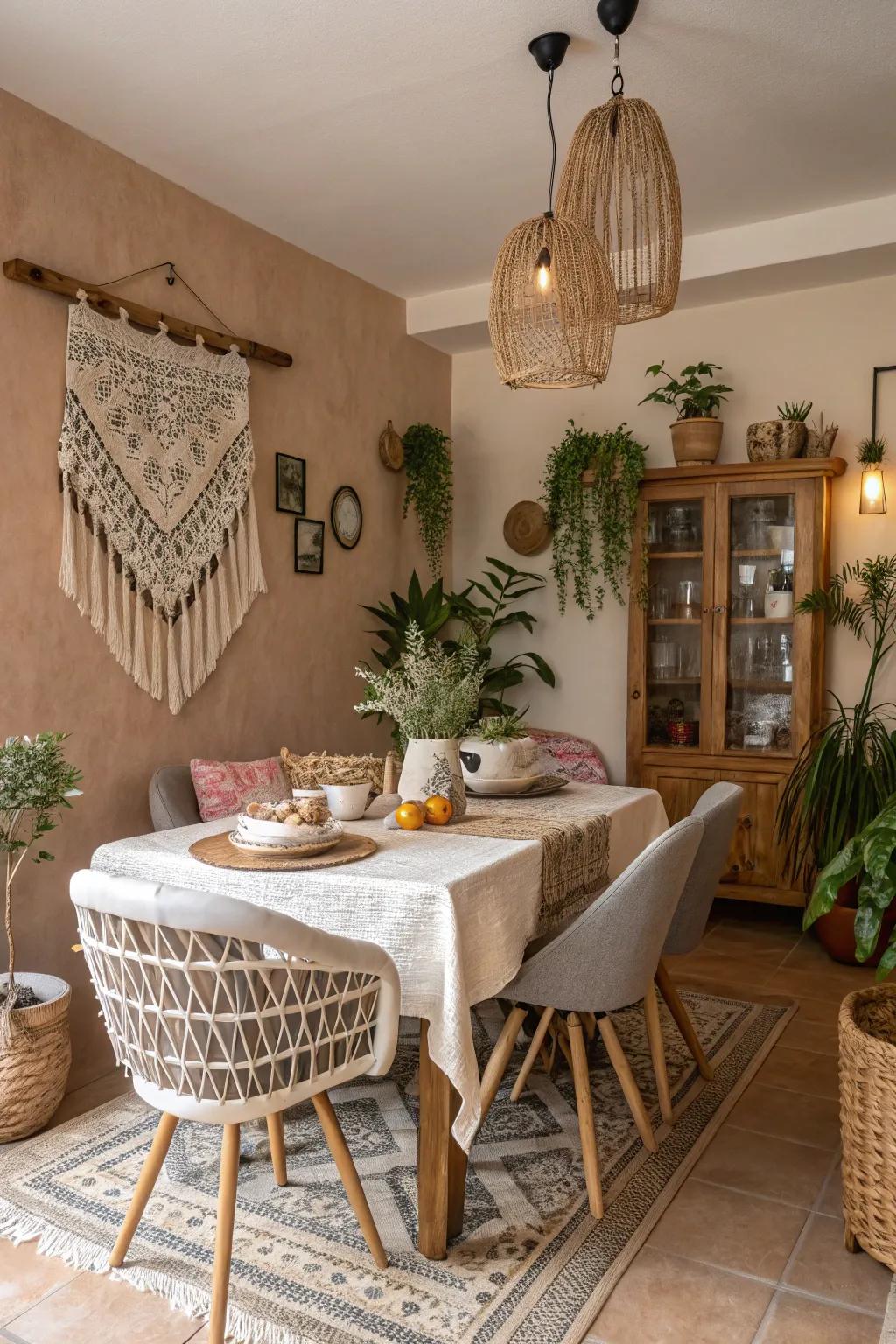 Understated colors establishing a soothing ambiance within a boho dining space.