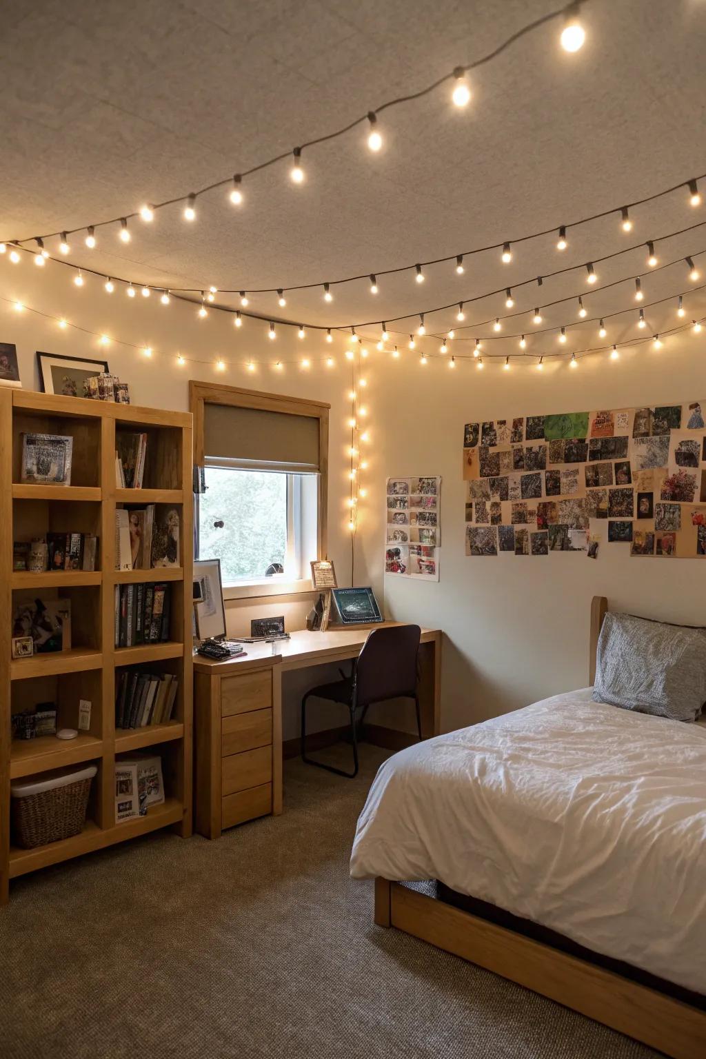 String lights enhance the warmth of the space
