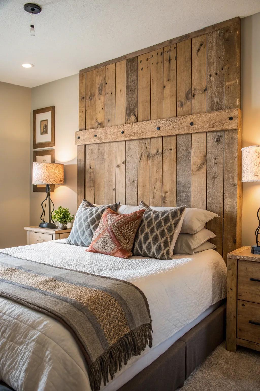 Revived timber creates a charming and sustainable headboard.