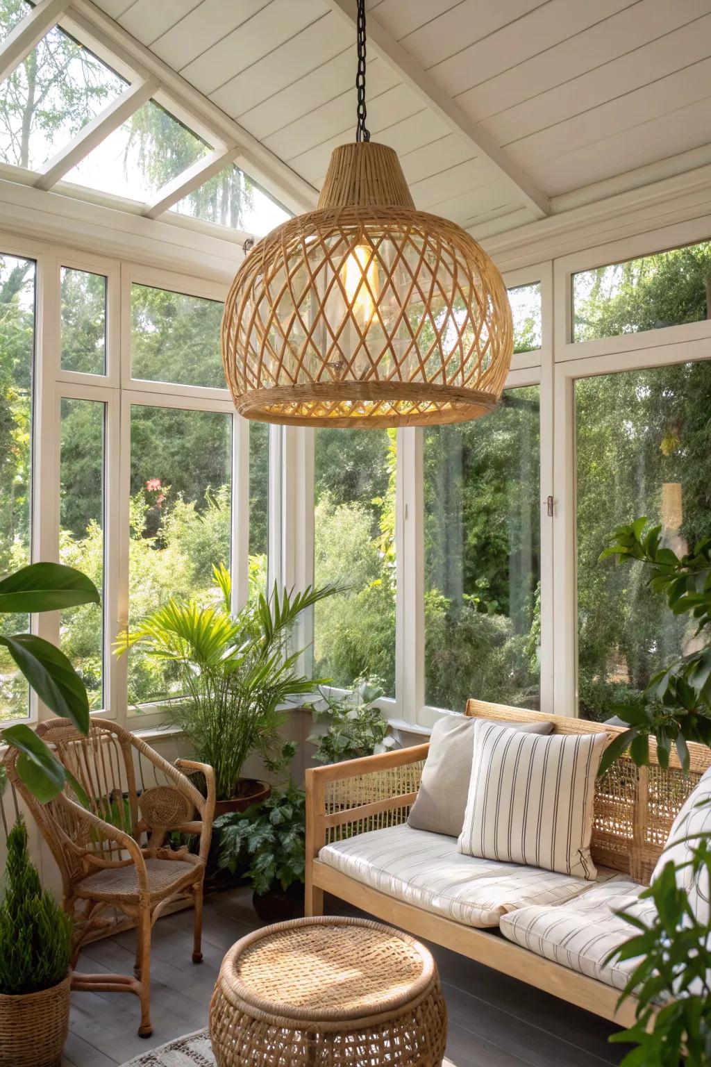 The reed light imparts a breezy, tropical feel to this sun-filled room.
