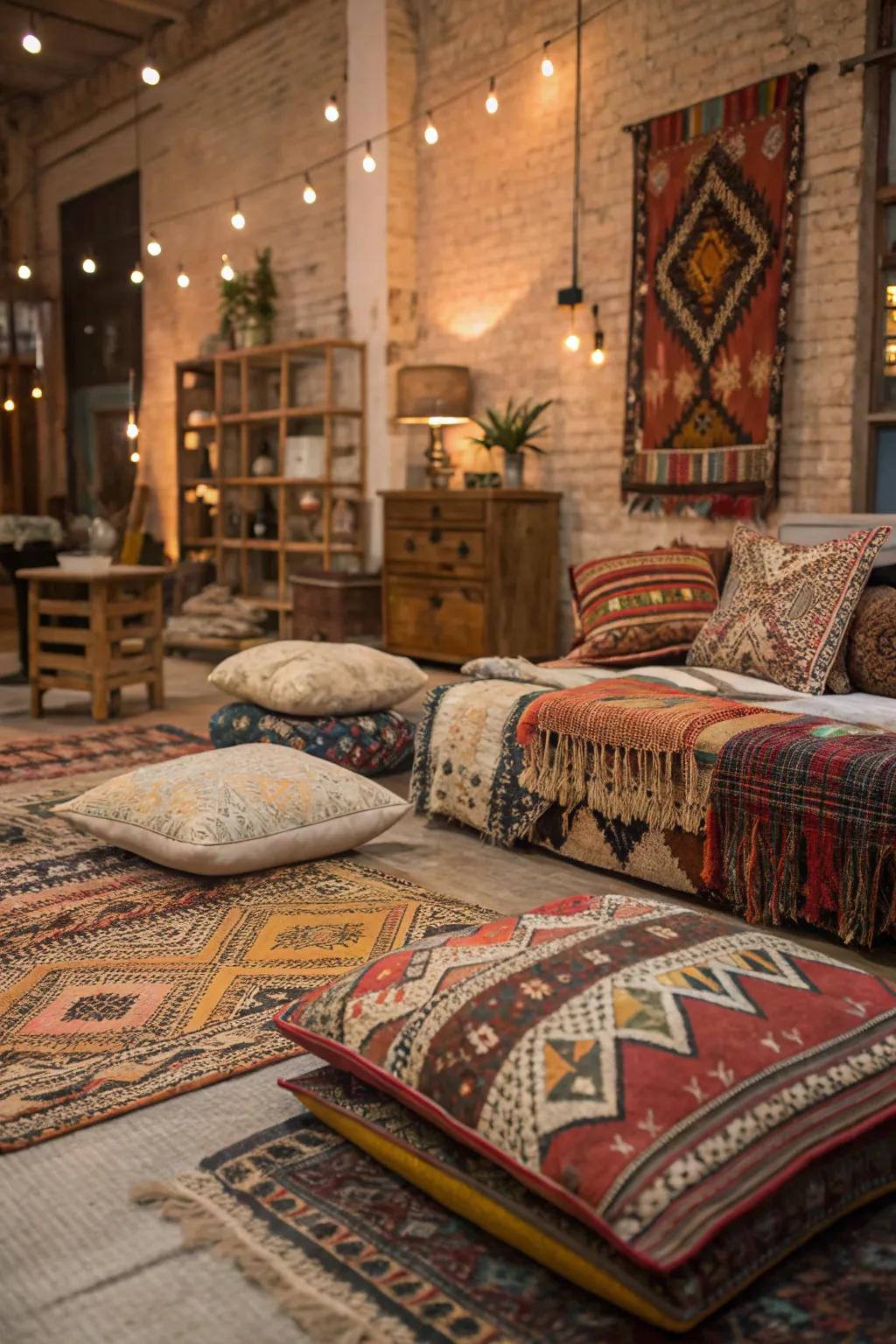 Layered materials add warmth and design to your boho loft.