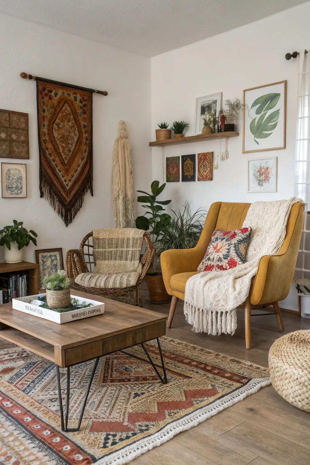 Unique furniture crafts a room bursting with character and charm.