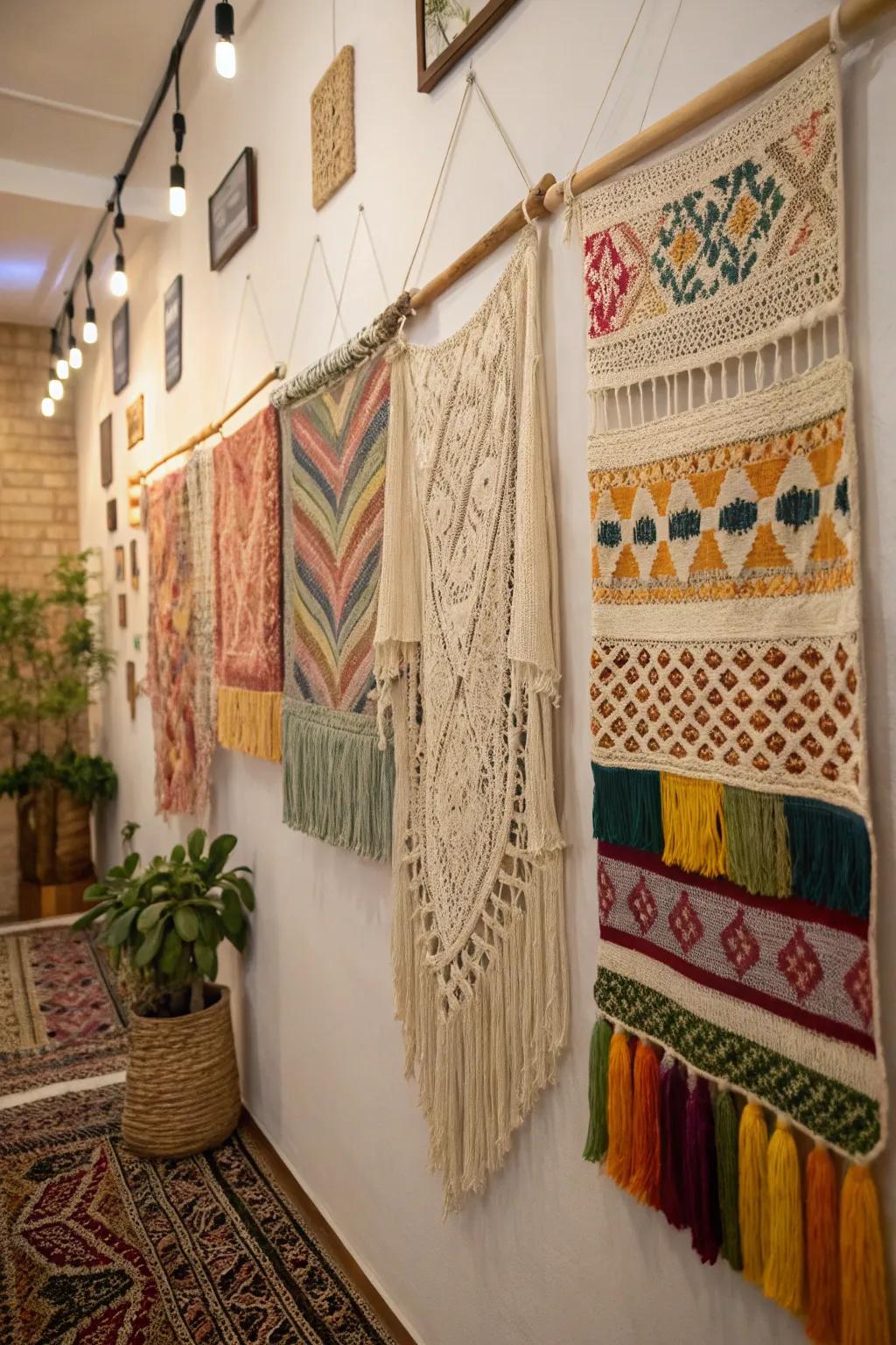 Layered textiles foster a welcoming bohemian ambiance.