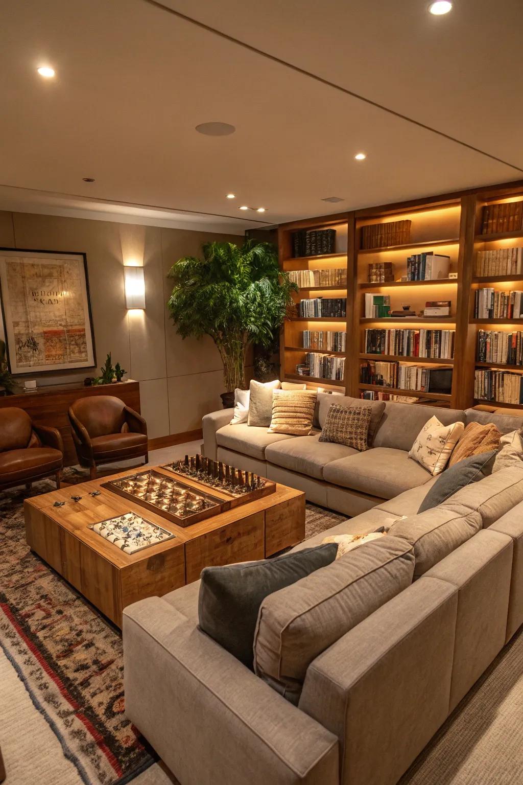 A comfortable relaxation zone ideal for unwinding in a game room.