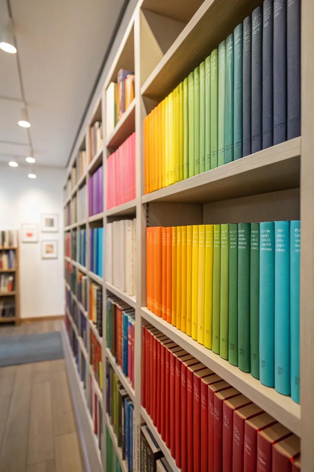 A vivid array of books generates a harmonious aesthetic impression.