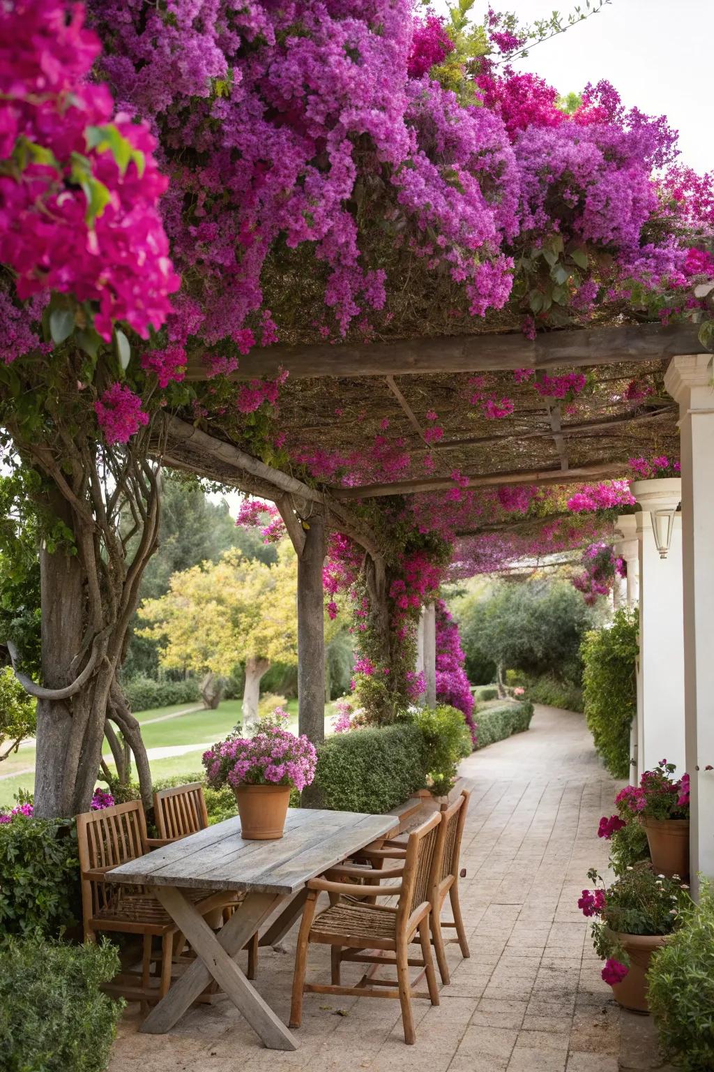 A pergola covered in bougainvillea, creating a cozy outdoor sanctuary.
