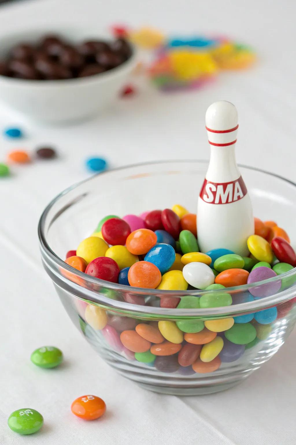 A sweet treat centerpiece with sweets and a bowling stake.