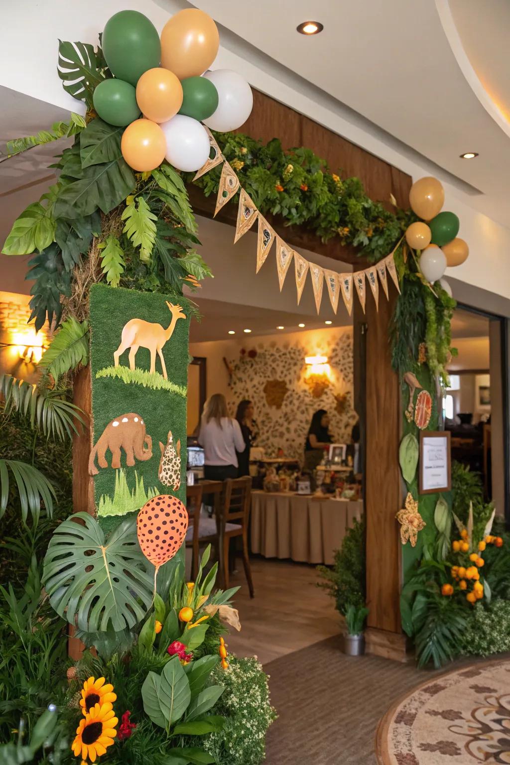 A safari-themed baby shower with flourishing greenery and lively animal decorations