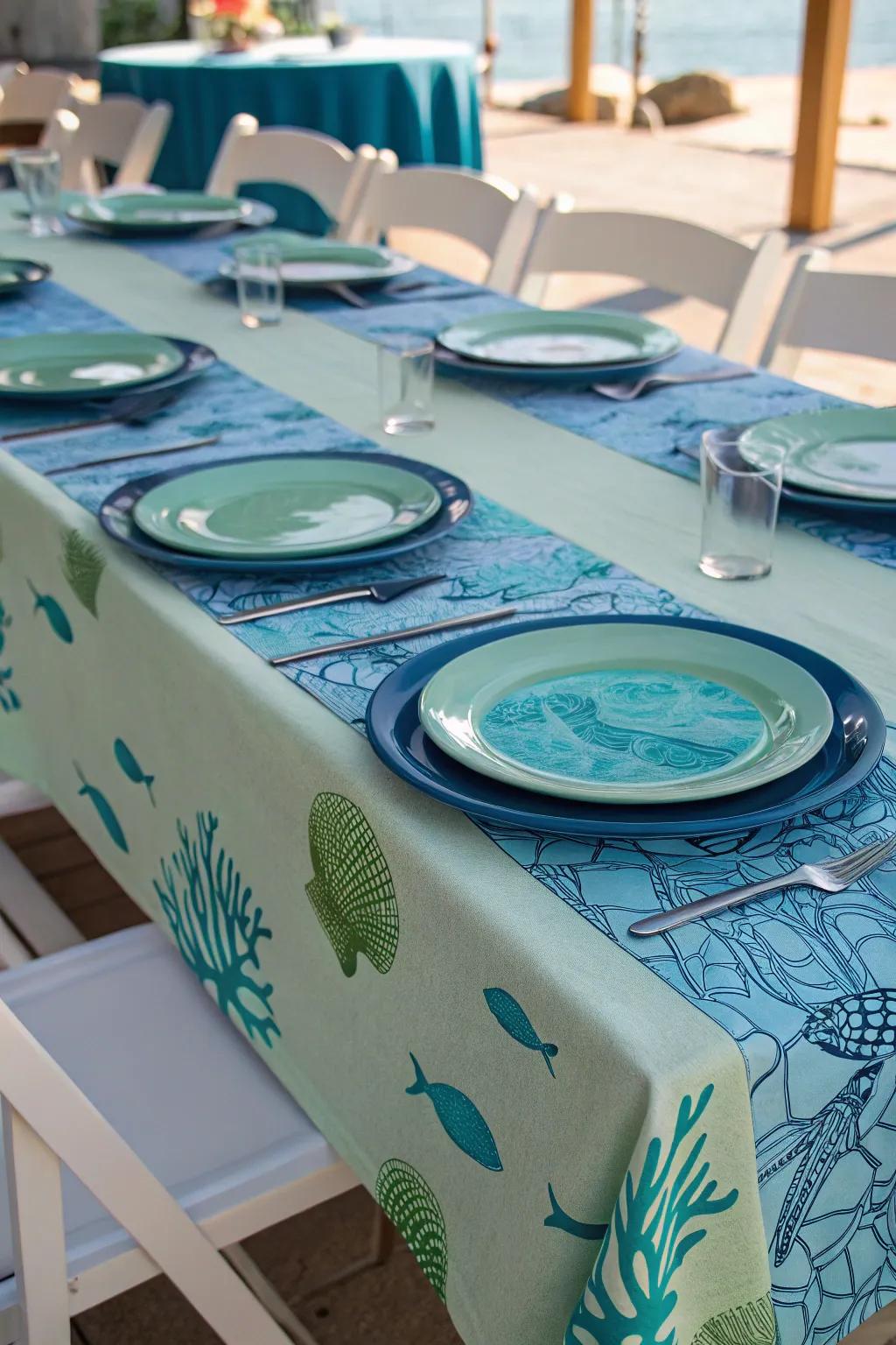 A table layout that entices attendees to dine in an underwater realm.