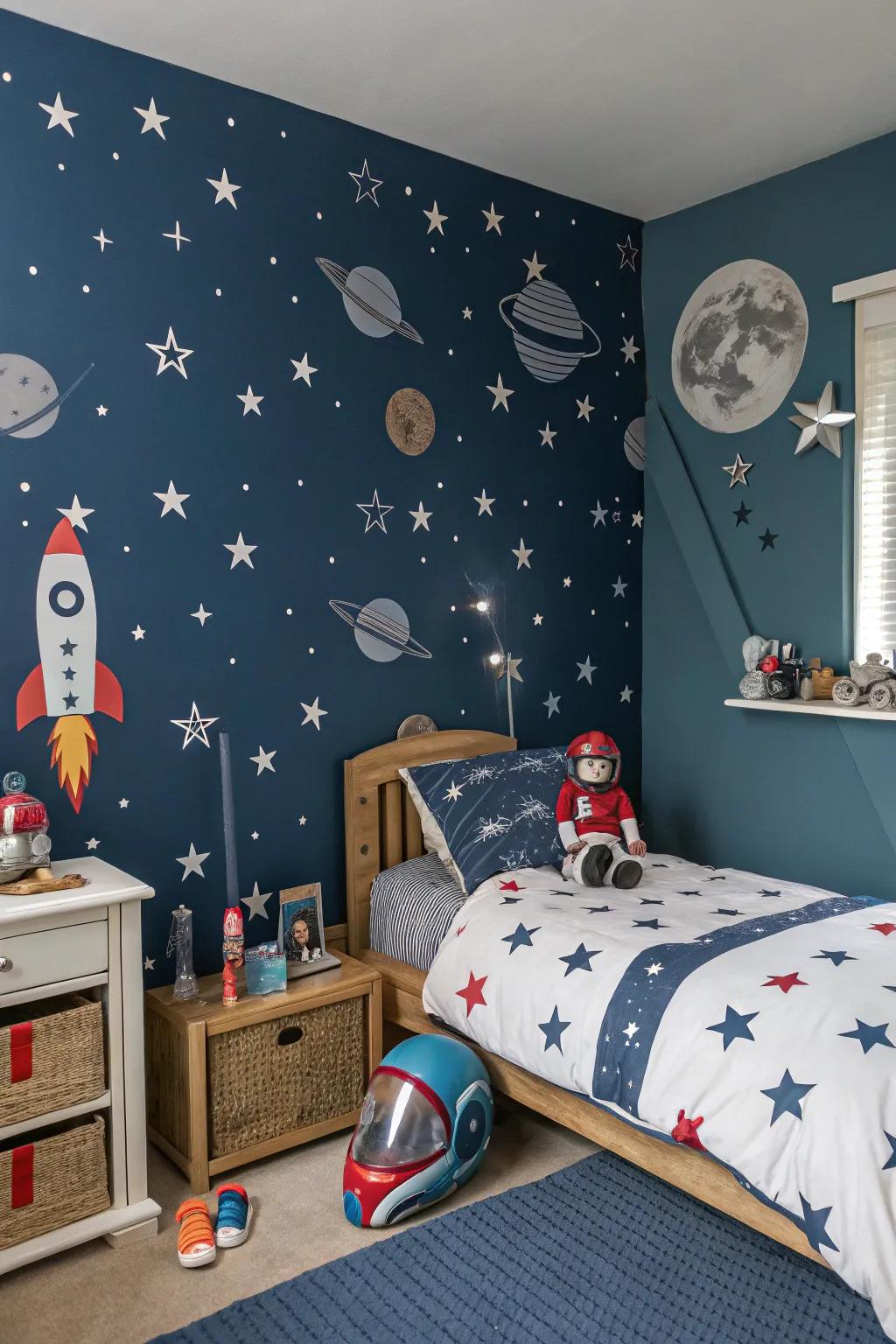 Journey to the constellations with a space-themed room.