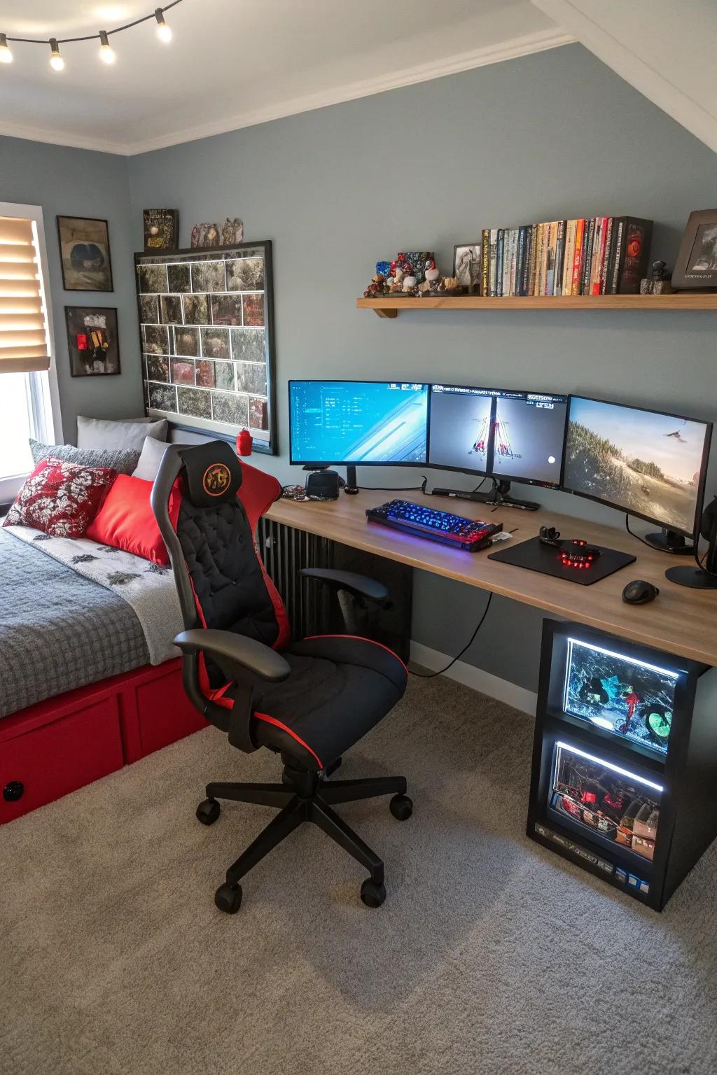 A triple monitor arrangement delivers a panoramic view for an unparalleled gaming encounter.