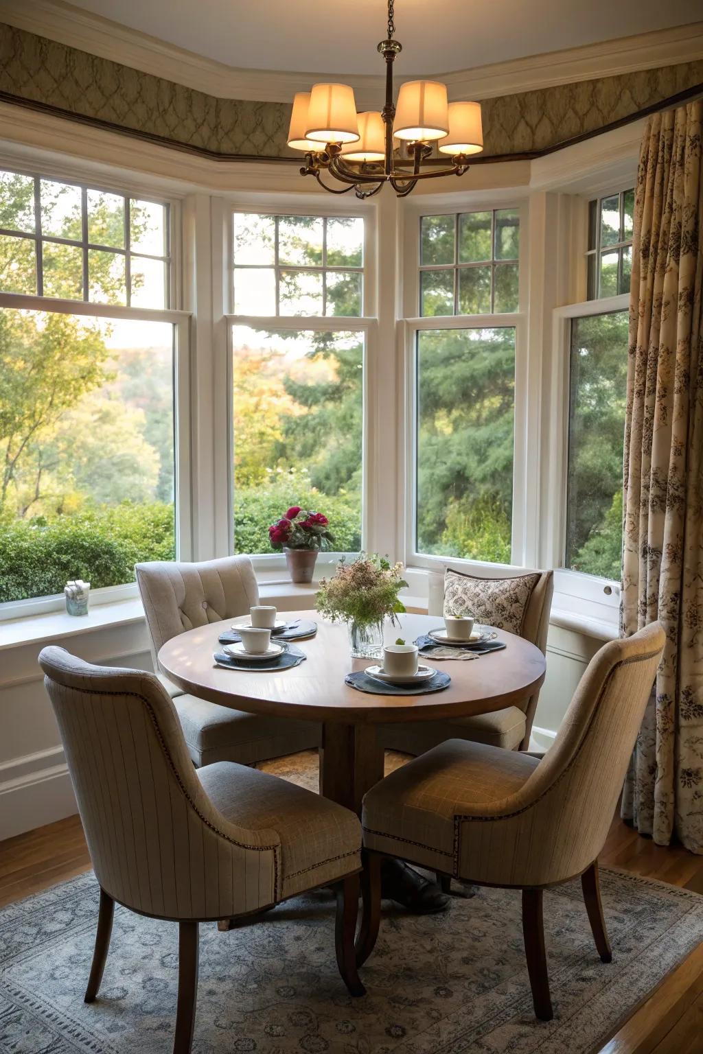 A circular table sets a warm and intimate breakfast nook atmosphere.