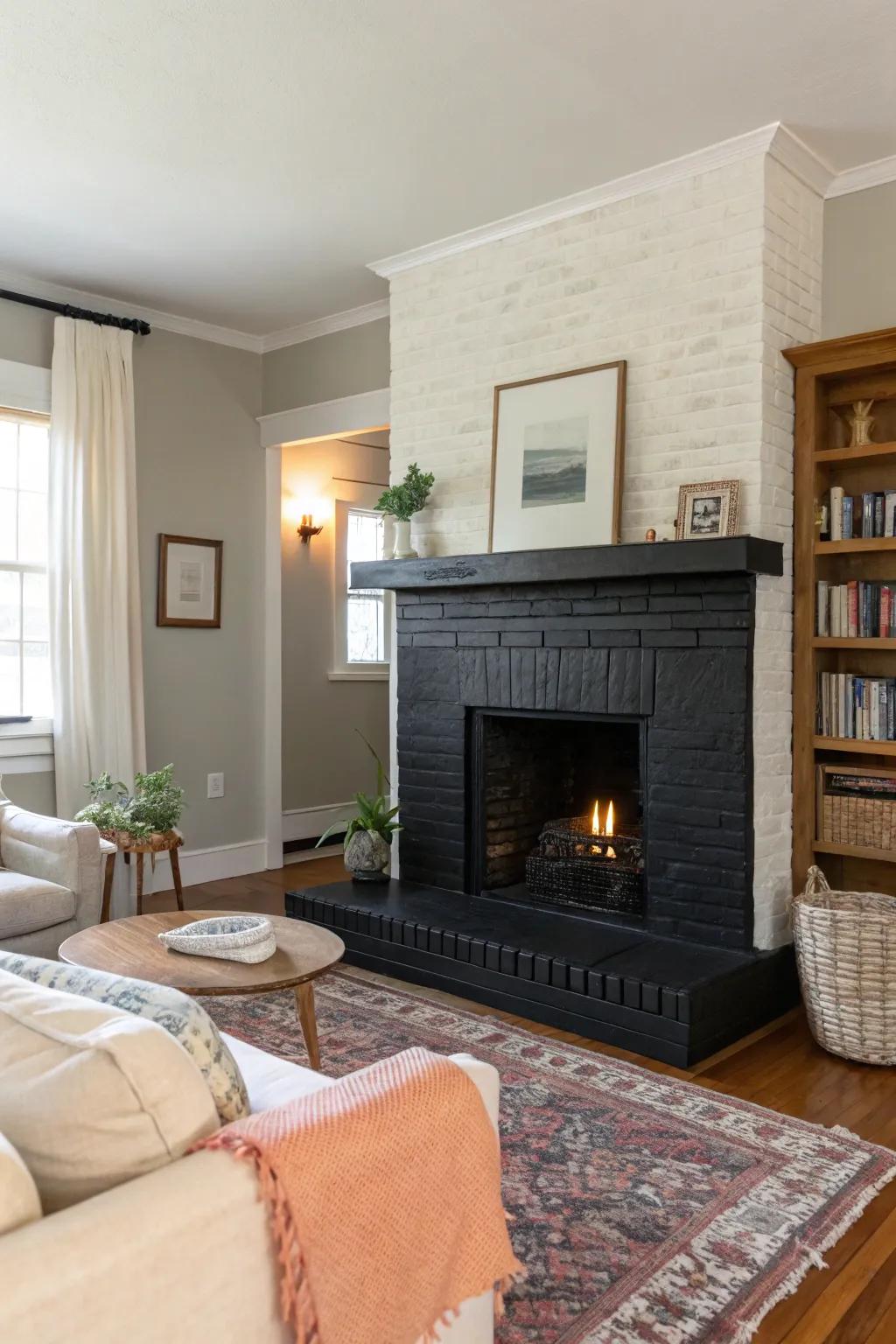 An impressive dark painted brick hearth that crafts a daring core feature.