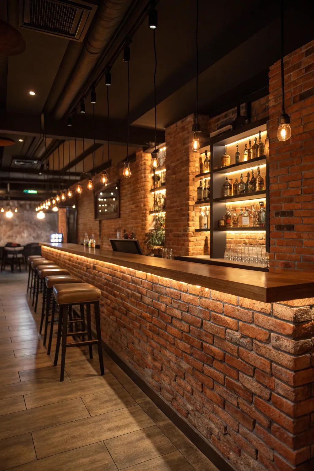 Sophisticated bar showcasing wood surfaces against a traditional brick wall.