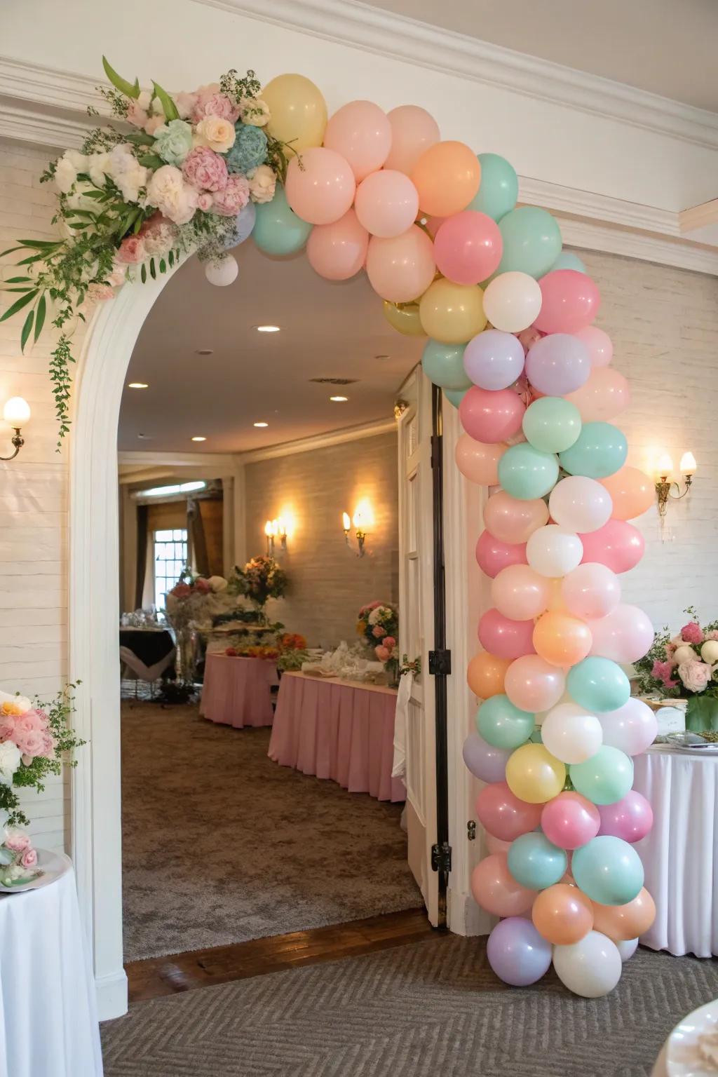 A lively balloon garland graces the entrance, contributing a whimsical element.
