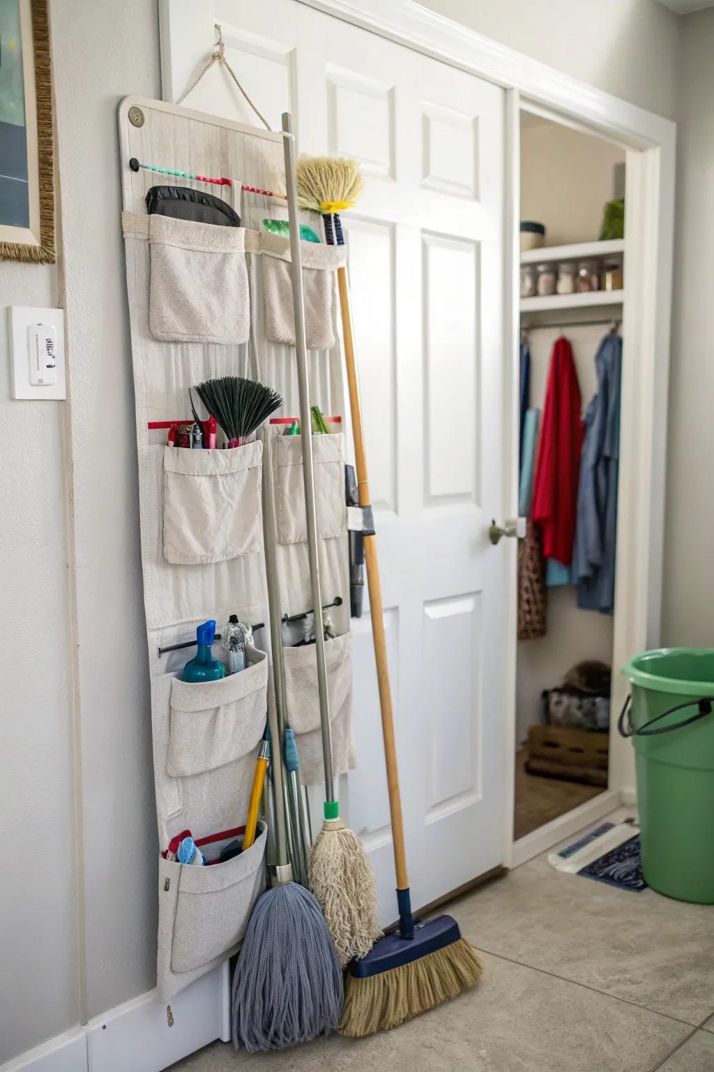 Hanging organizers provide out-of-sight storage for cleaning instruments.