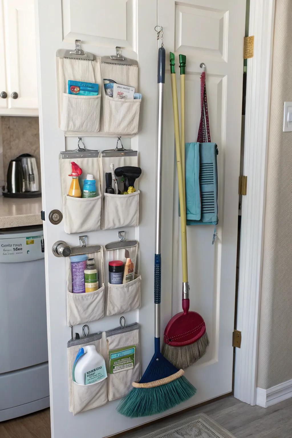 Utilizing door space to conceal broom storage.