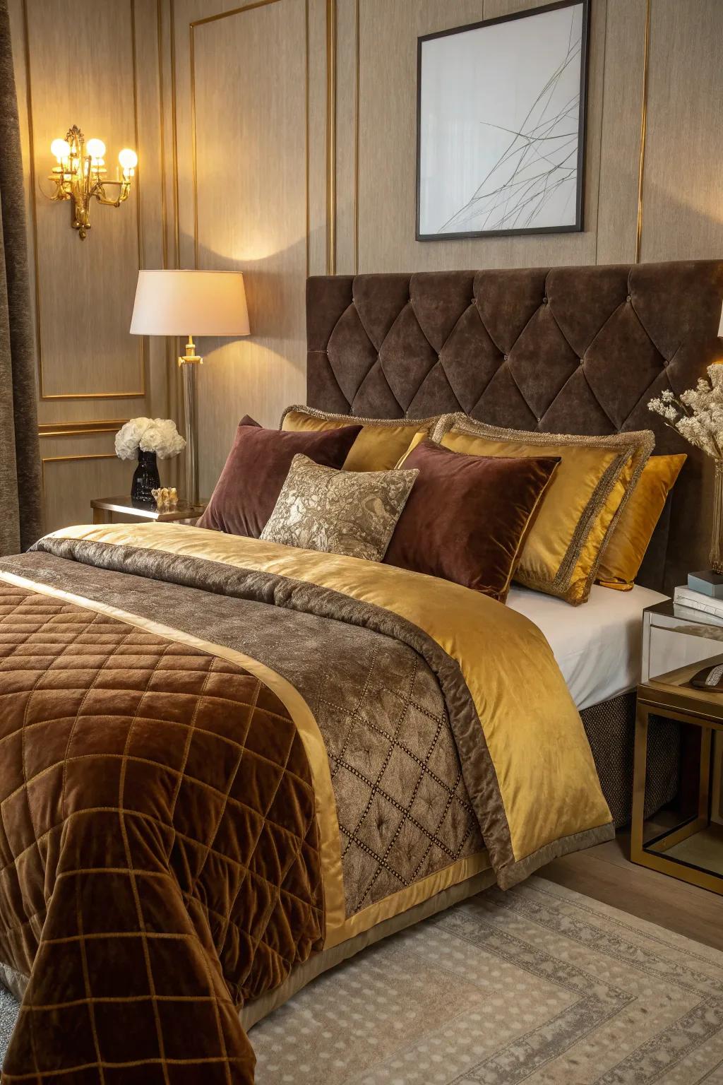Velvet bedding contributes opulence and convenience to the personal space.