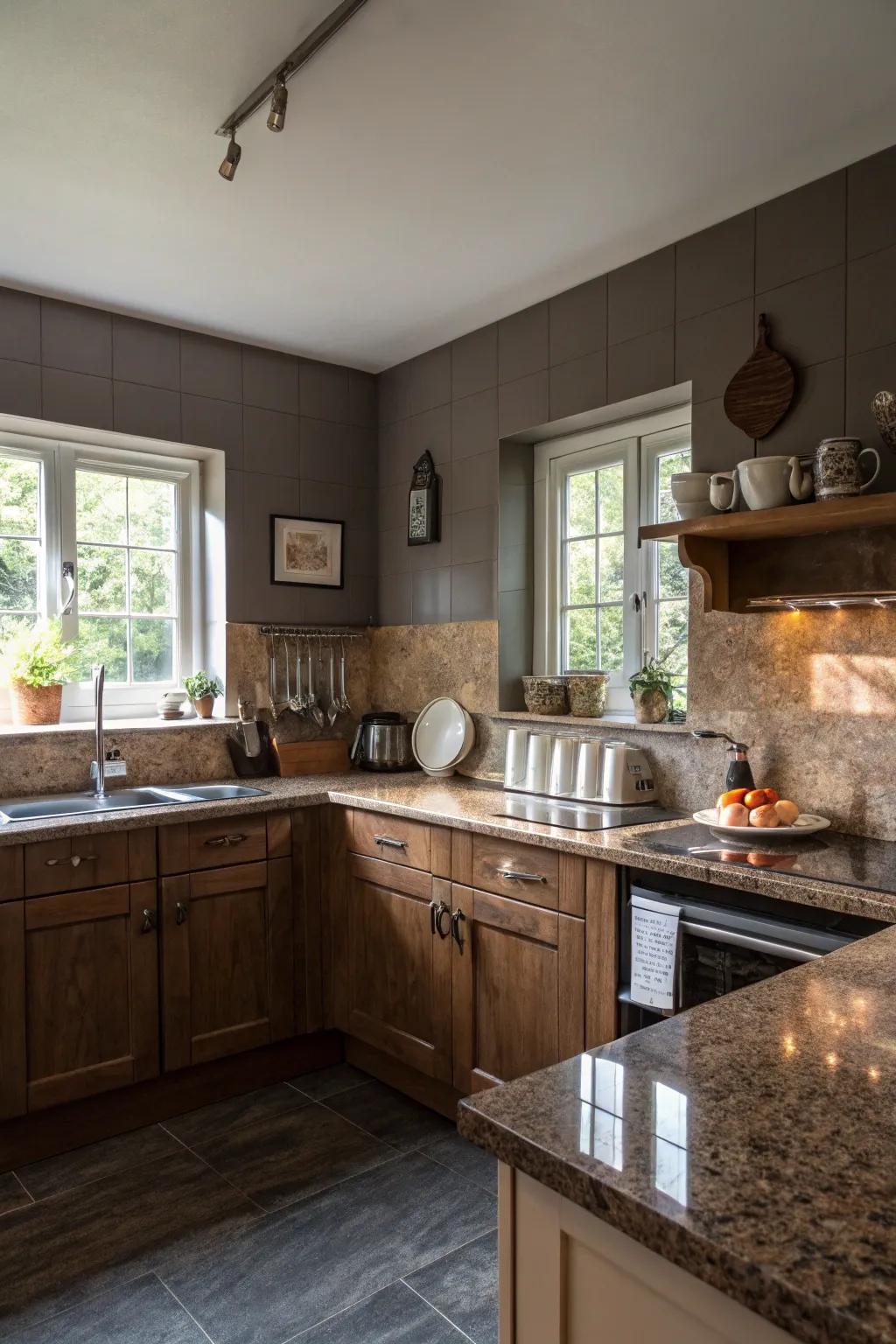 Subtle gray adds a modern touch to brown granite's warmth.