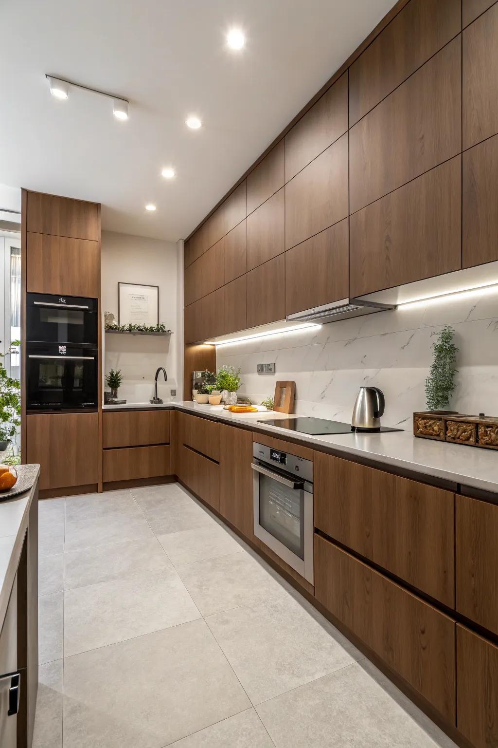 Obtain minimalist beauty utilizing smooth surface brown cabinetry.