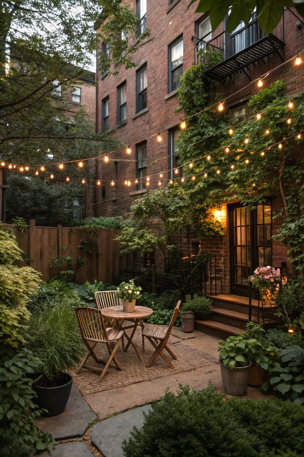 Fairy lights add a magical touch to this cozy brownstone backyard.