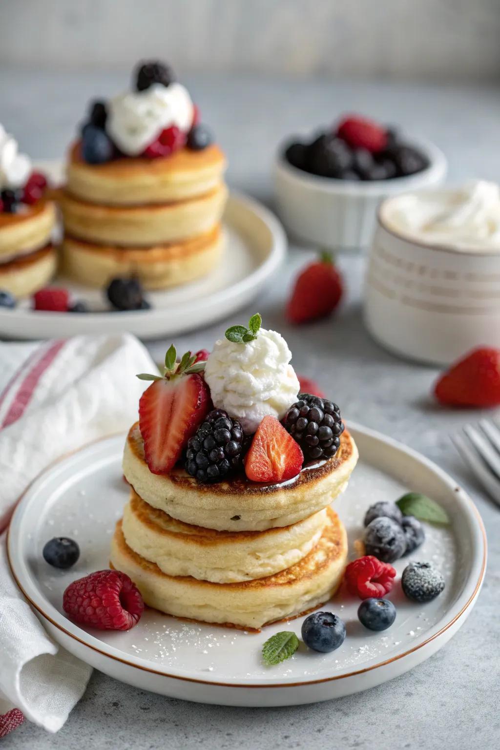 Charming teeny pancake piles with berries and cream.