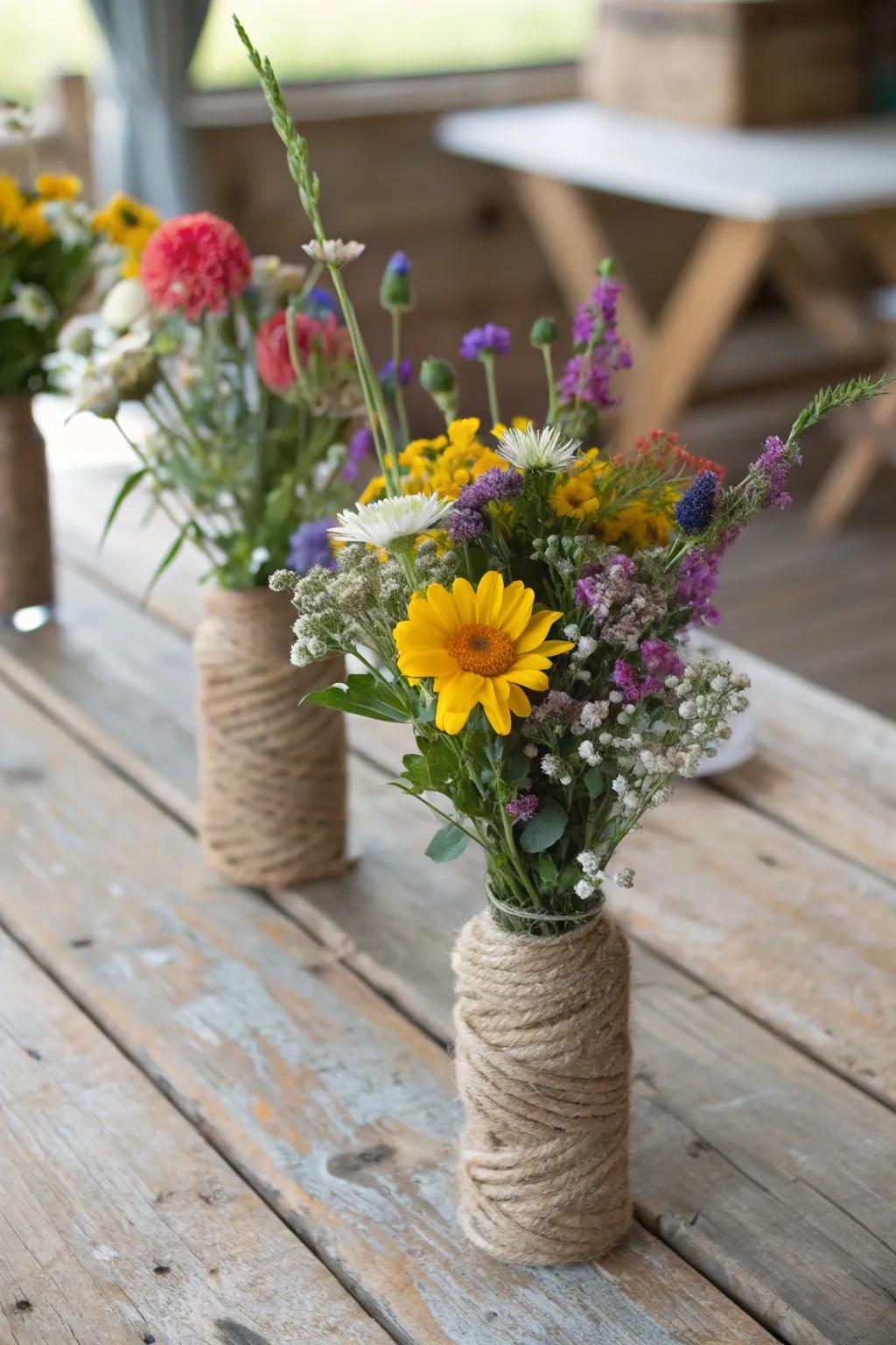 Create a cozy farmhouse vibe with wildflowers and rustic touches.