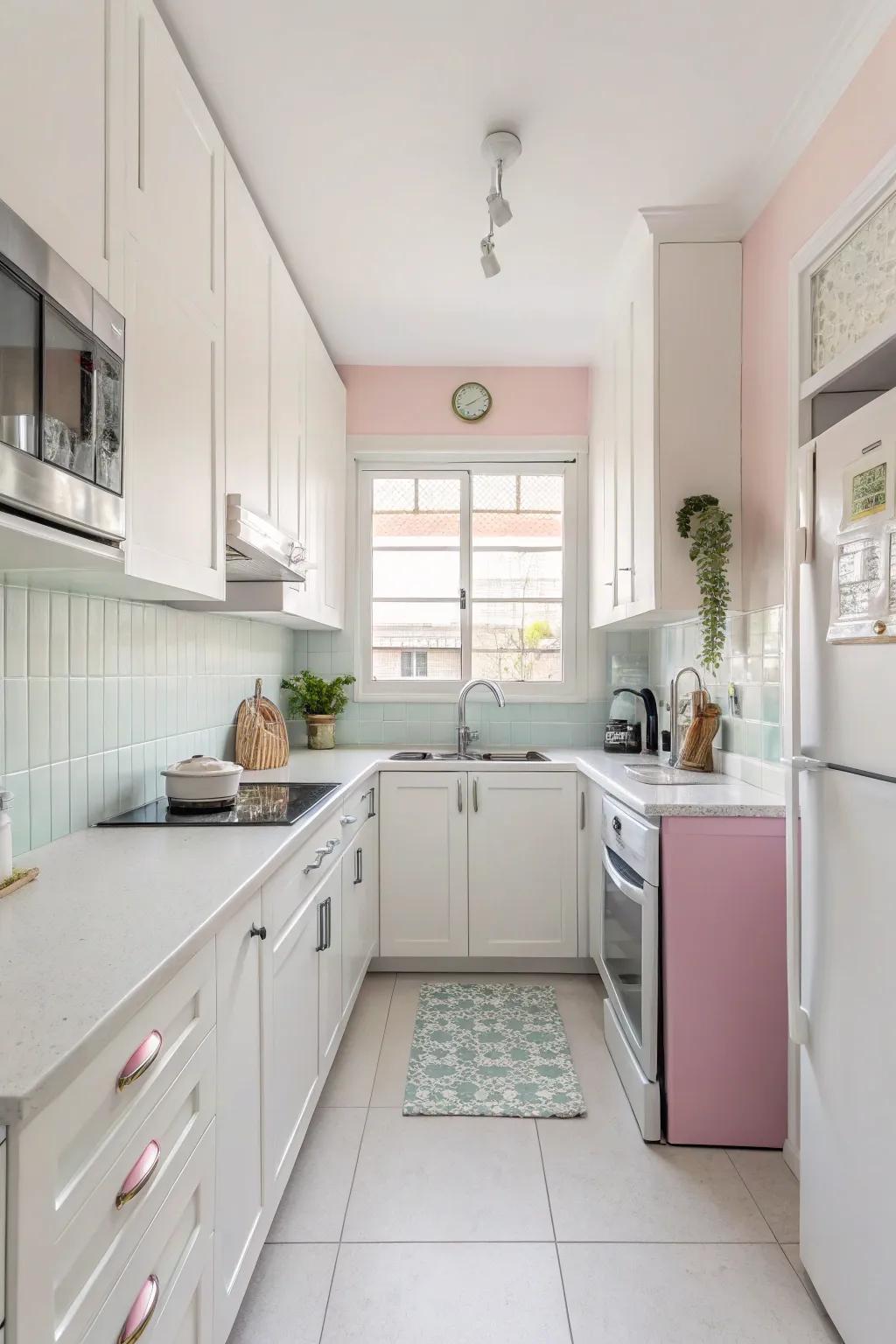 Light hues produce a spacious atmosphere in this small cooking area.