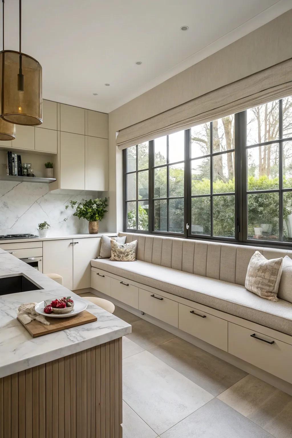 A modern minimalist banquette design for sleek kitchen interiors.