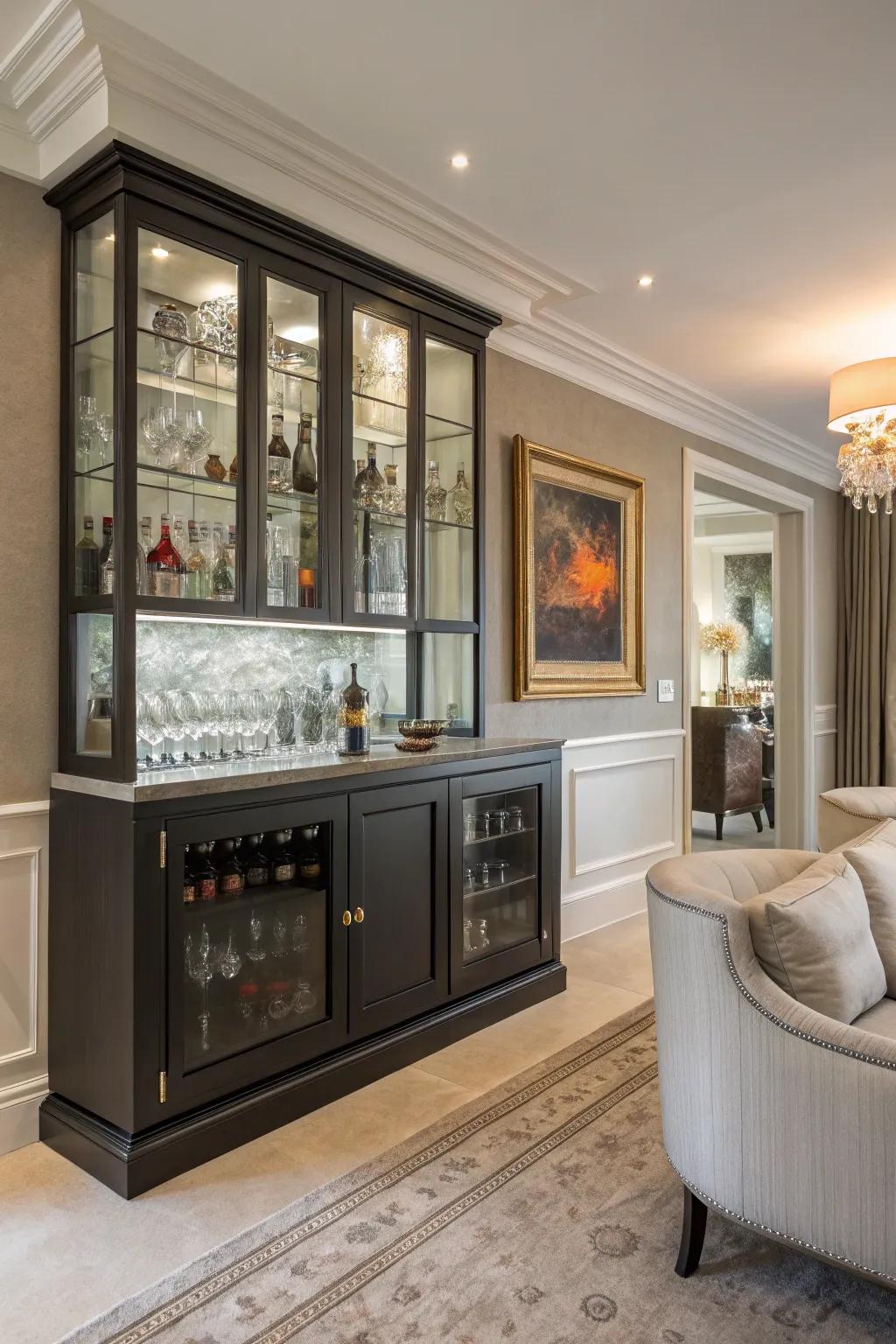 Glass-fronted cabinets introduce class and refinement to any type of home bar.