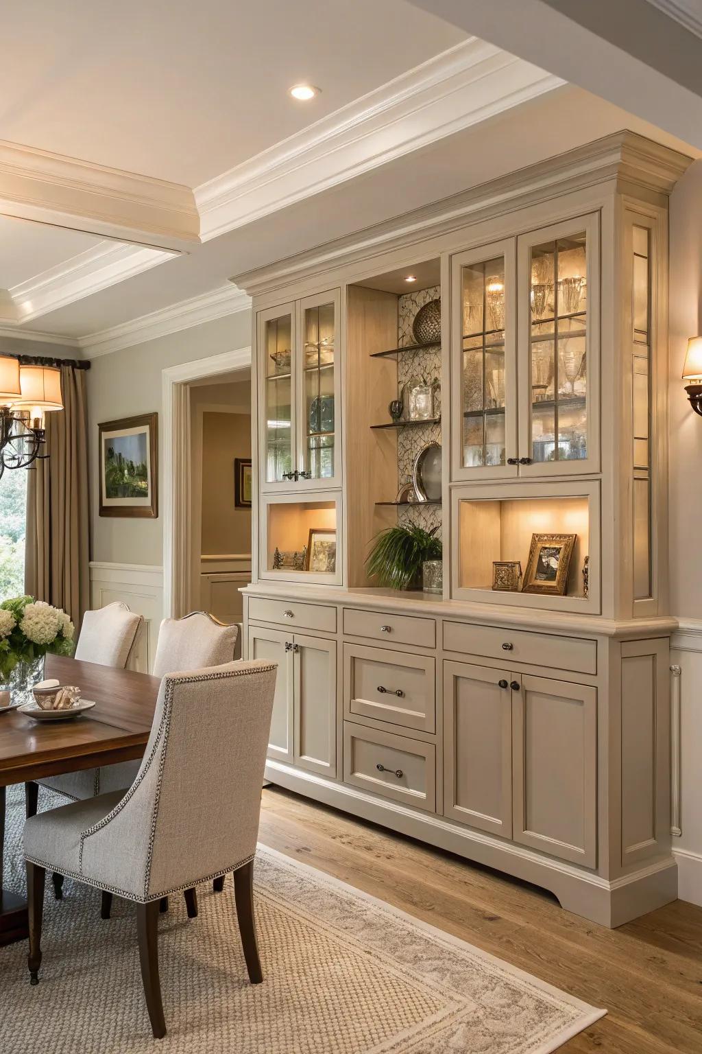 A timeless dining space featuring built-in cabinets in soft, neutral shades.