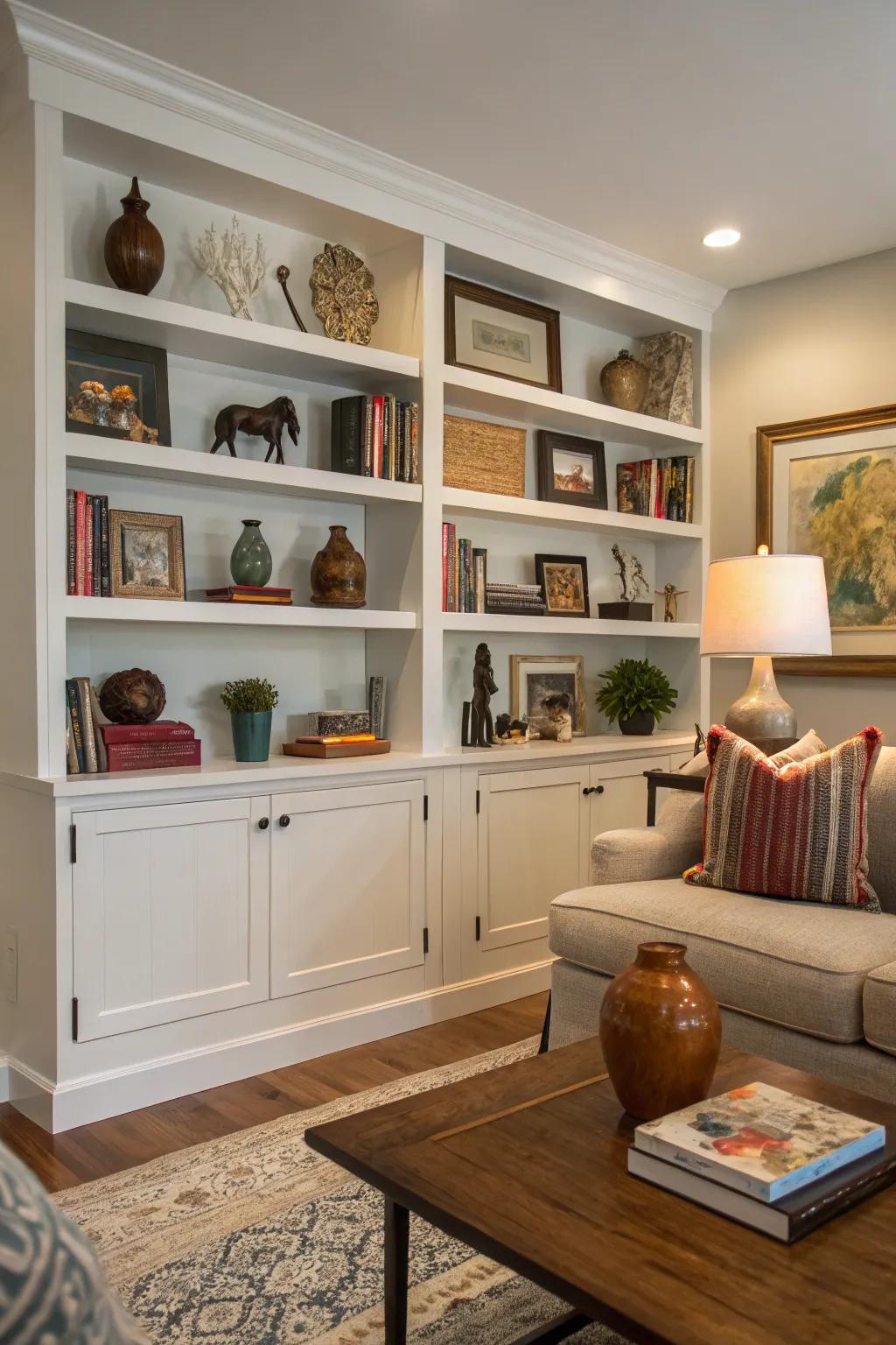 Showcasing art and decor on your shelving introduces a personalized touch to the space.