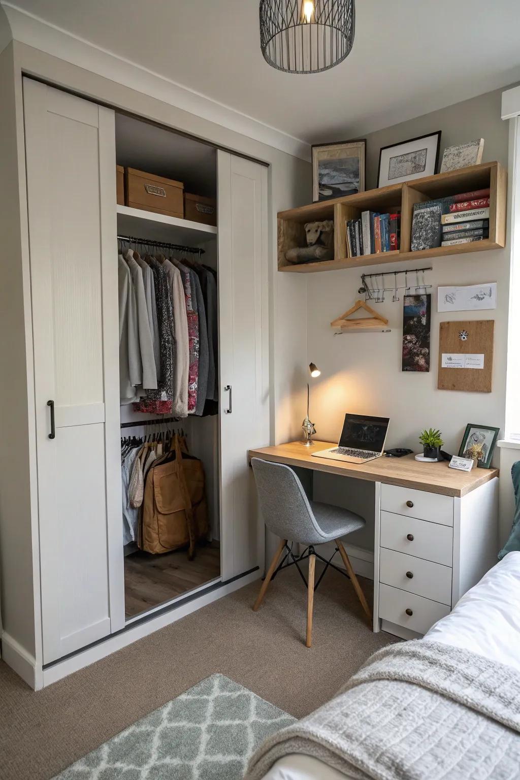 Ingenious incorporation of a workspace within a wardrobe to facilitate adaptable spatial utilization.