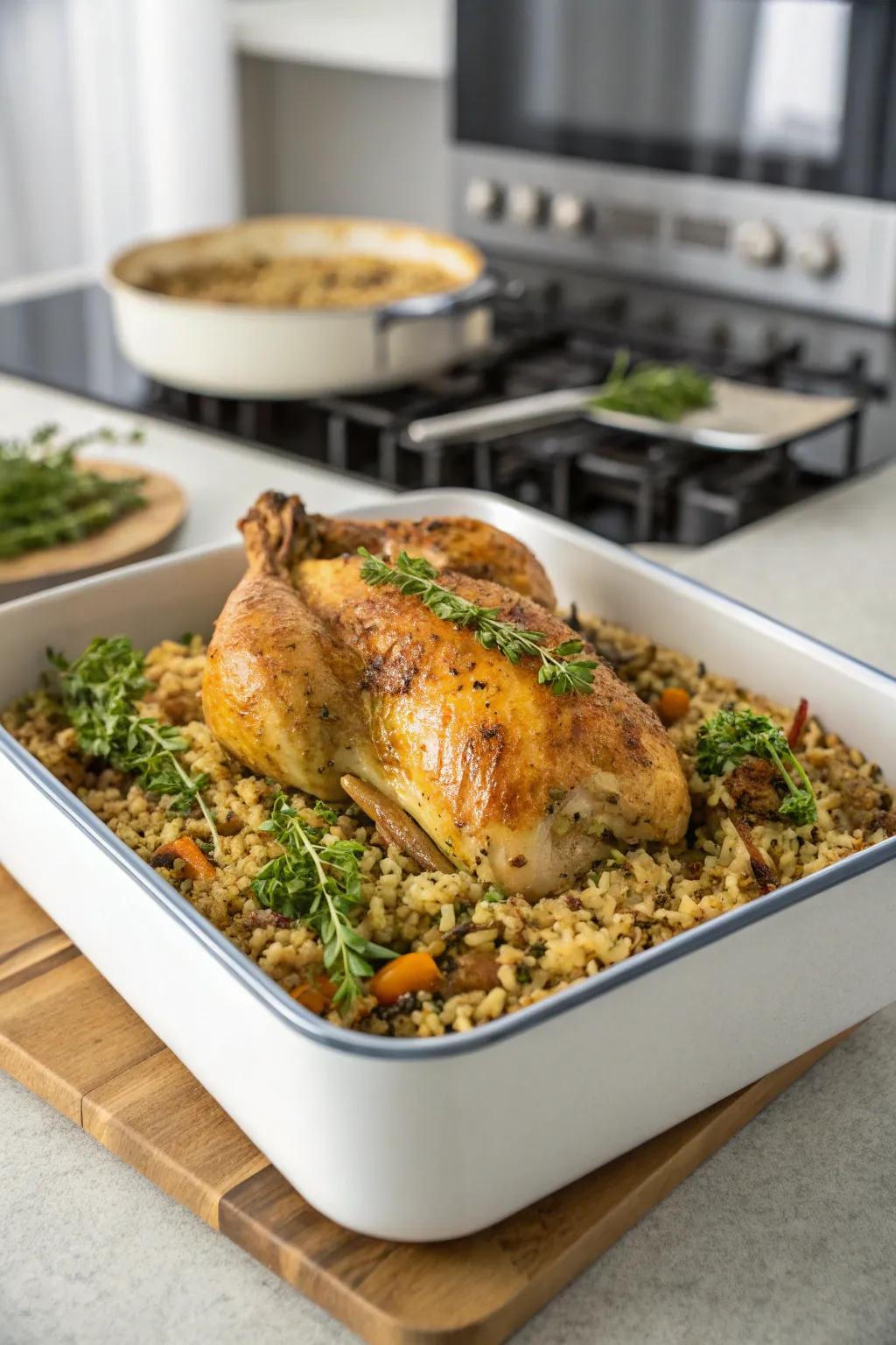 A hearty bake of chicken and rice, a wholesome dish for family enjoyment.