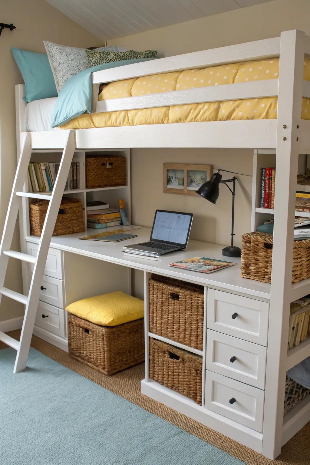 Perfectly versatile bunk beds featuring workspace and storage.
